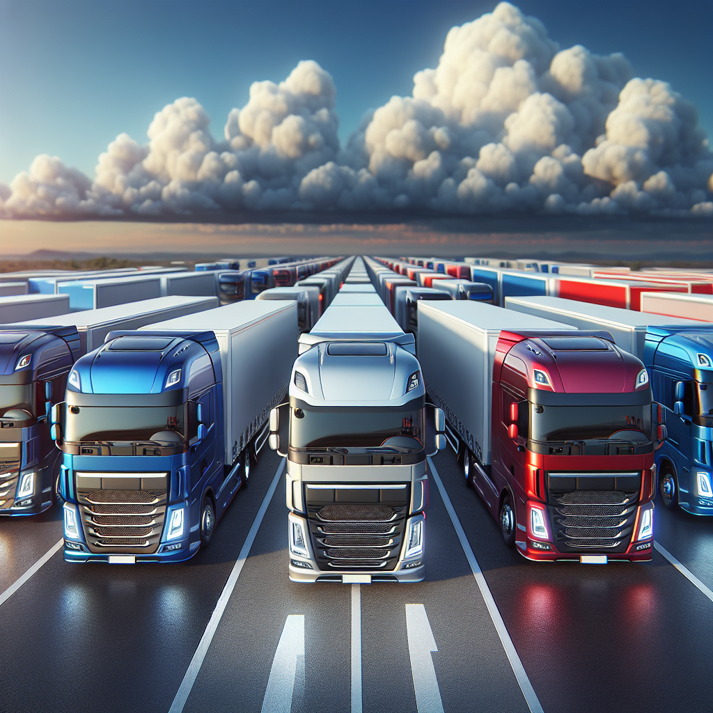 A modern truck fleet lined up on a highway, demonstrating the importance of tire monitoring systems in logistics.