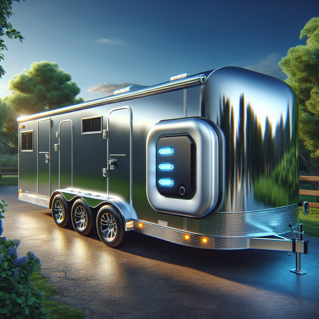 A trailer with an alarm system visible, set in an outdoor environment.