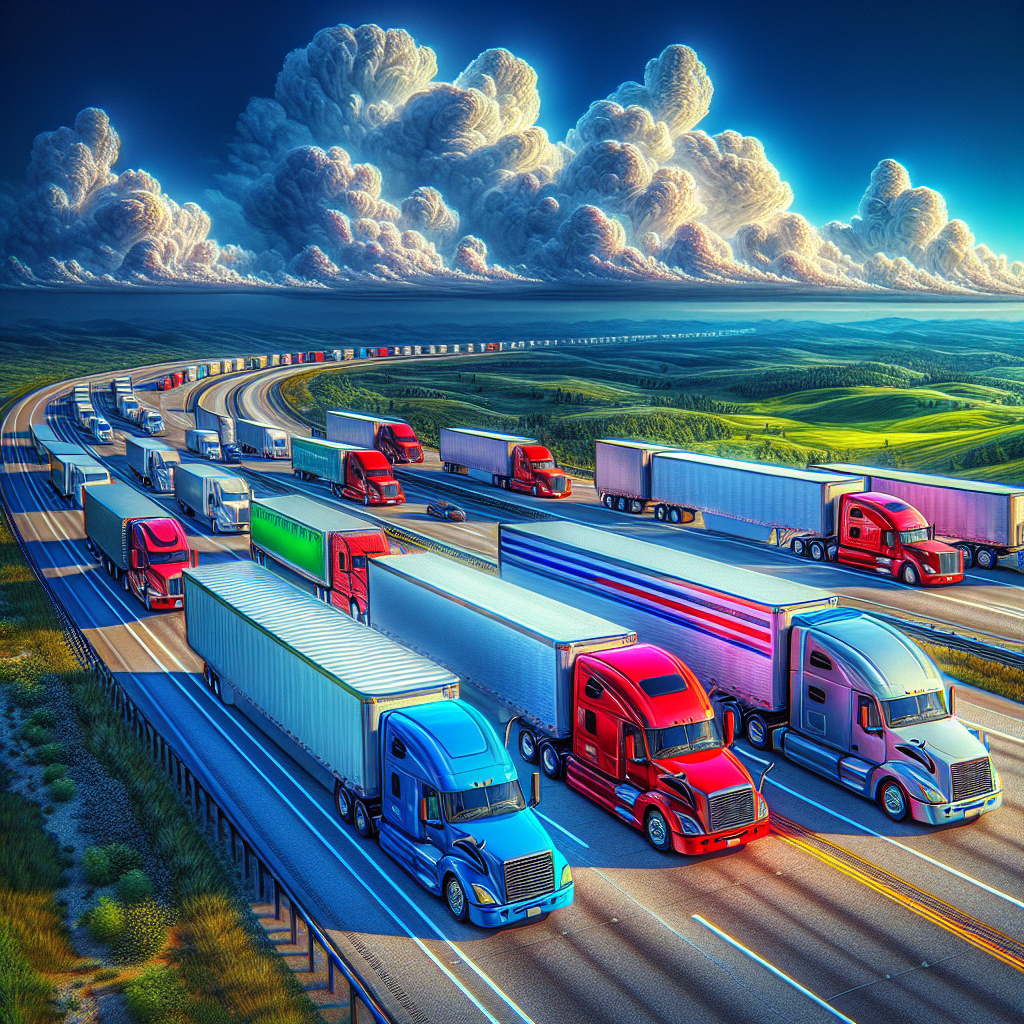 A fleet of trucks on a highway, highlighting the importance of tire pressure monitoring systems.