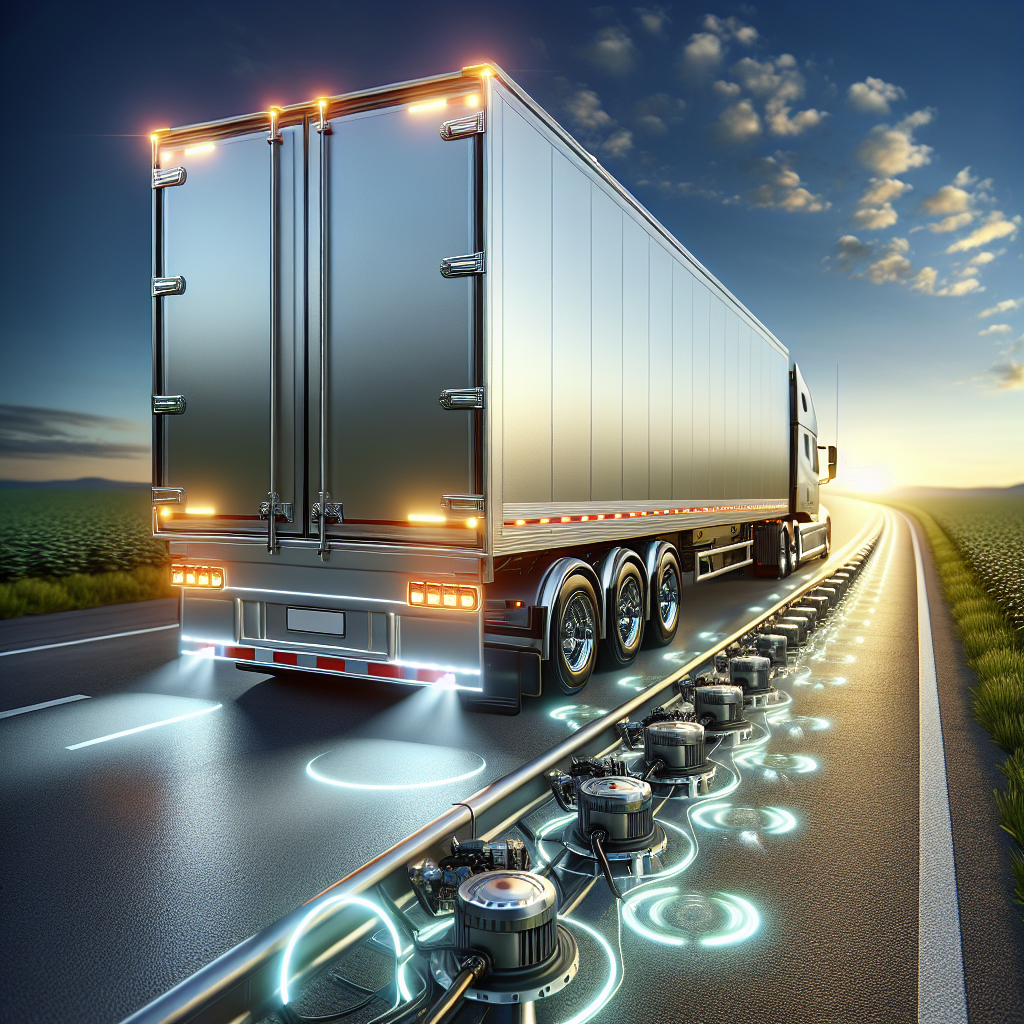 A highway scene with a trailer equipped with advanced safety systems.