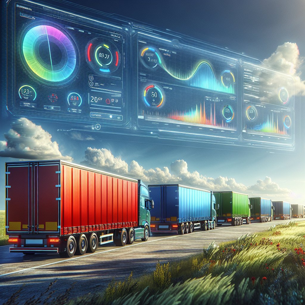 A fleet of colorful trailers in a landscape with a digital dashboard display overlay.