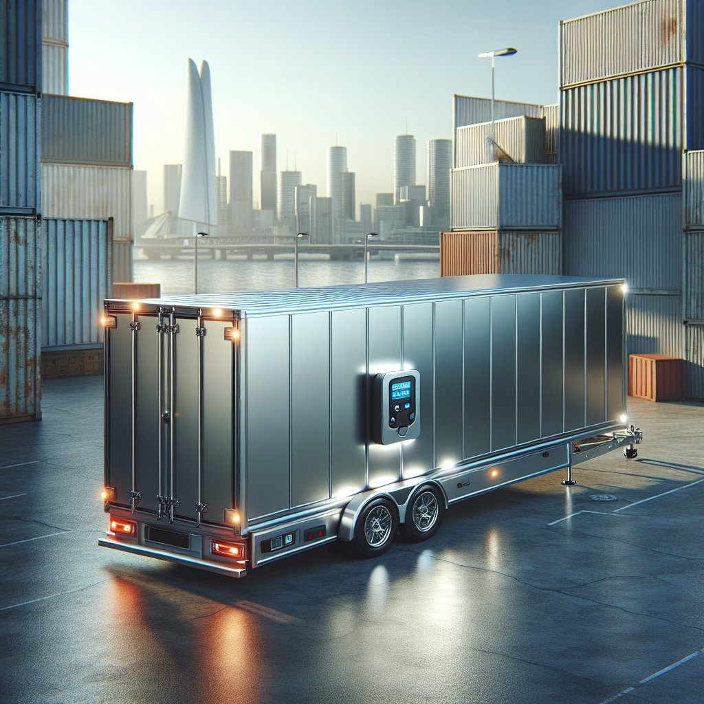 A trailer with a visible alarm system parked in an industrial area.