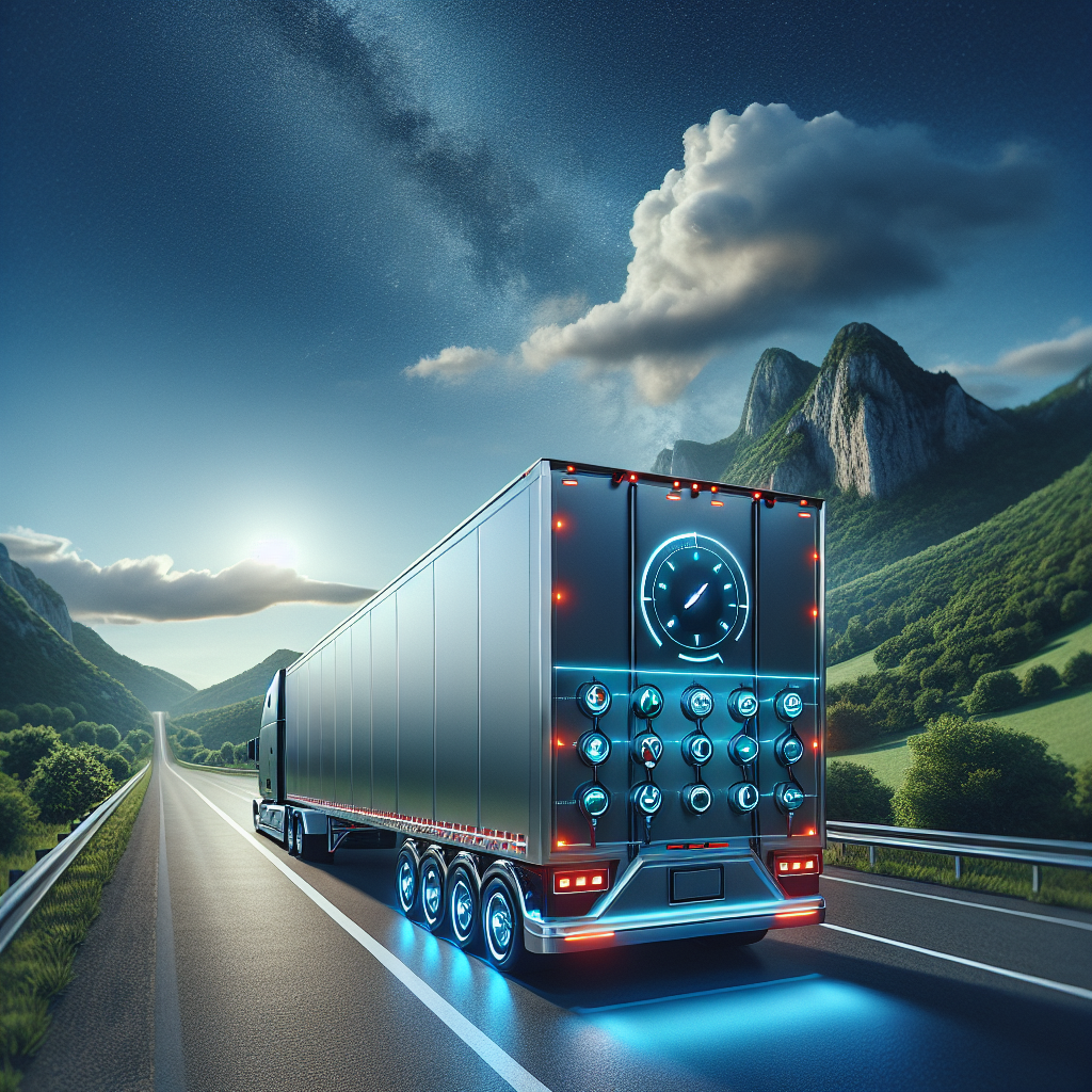 A trailer equipped with safety monitoring technology parked on a scenic highway.