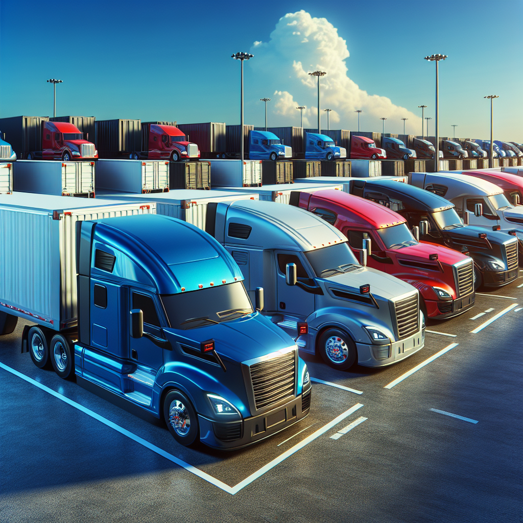 A modern truck fleet in a logistics yard with visible tire pressure monitoring systems.