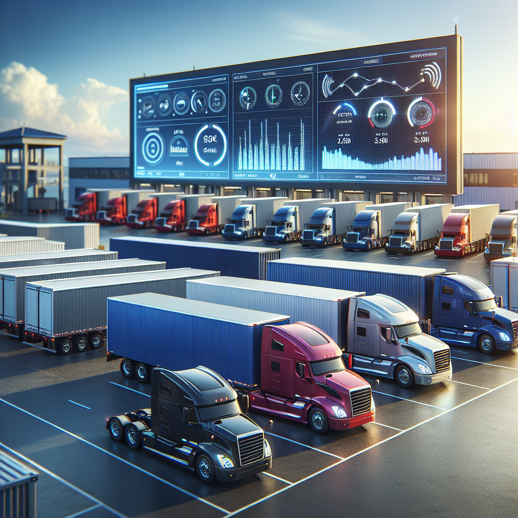 A fleet of colorful trailers in a logistics yard with a digital monitoring screen.