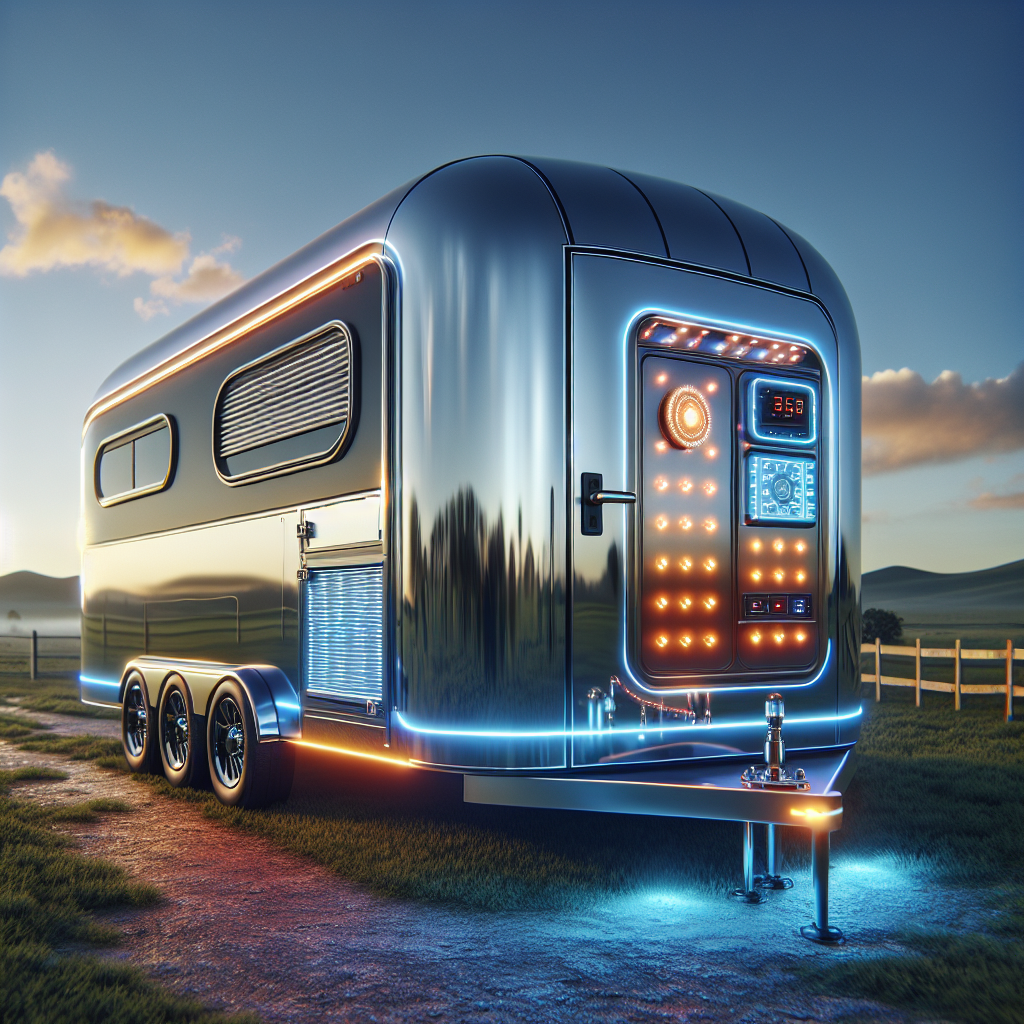 A modern trailer with an advanced alarm system in a rural landscape.