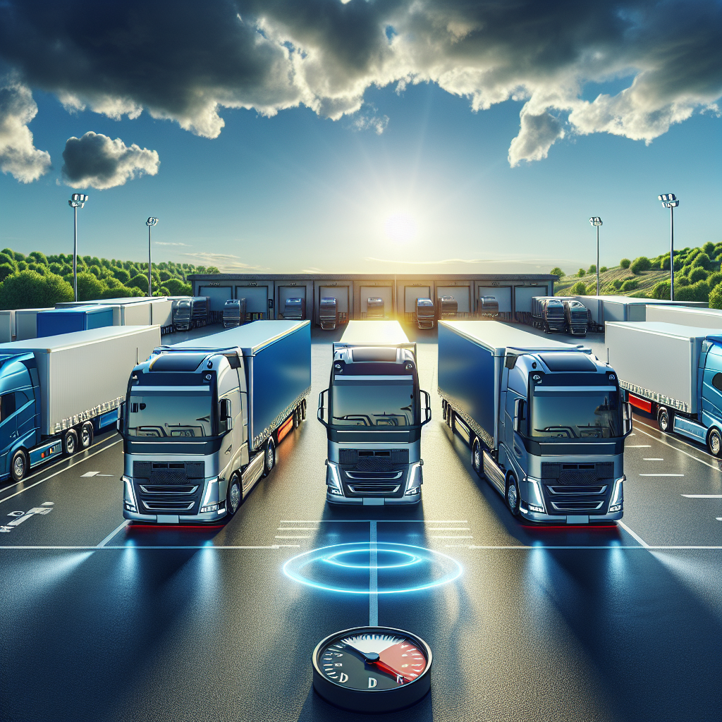 A fleet of modern trucks in a logistics yard, emphasizing tire safety and efficiency.