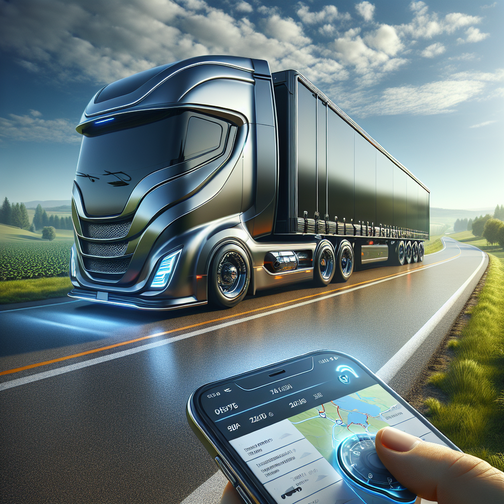 A modern trailer with TPMS and GPS technology on a road, featuring a digital display and smartphone.