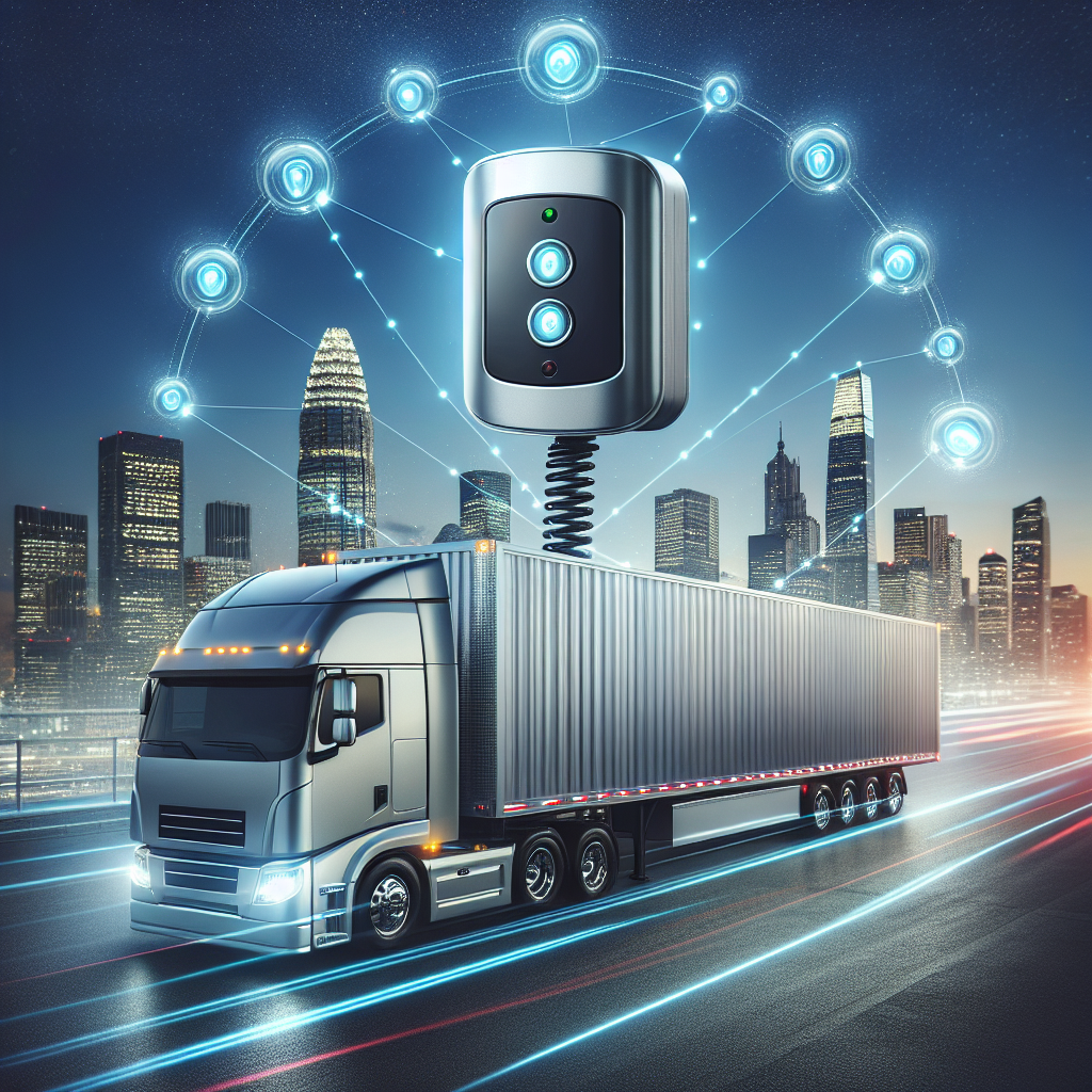 A trailer with a modern alarm system in an urban environment at dusk.