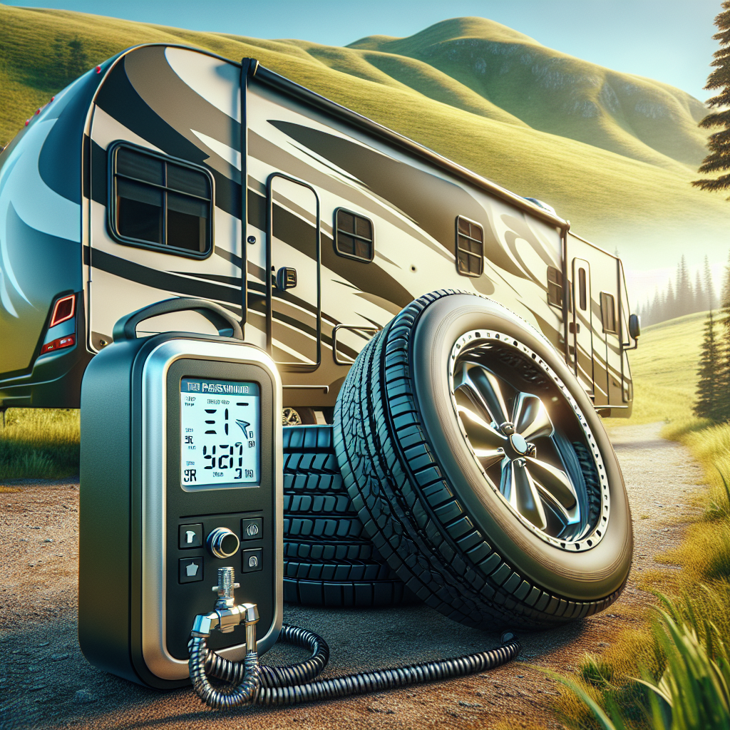 A tire pressure monitor system for RV trailers beside properly inflated and slightly deflated tires in a countryside setting.