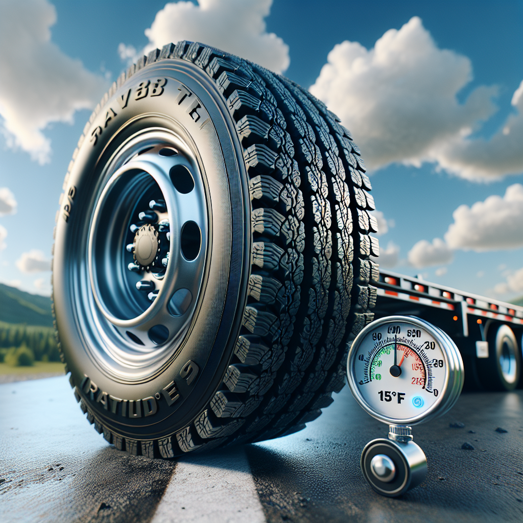 A close-up of a trailer tire with a temperature gauge showing 150°F.