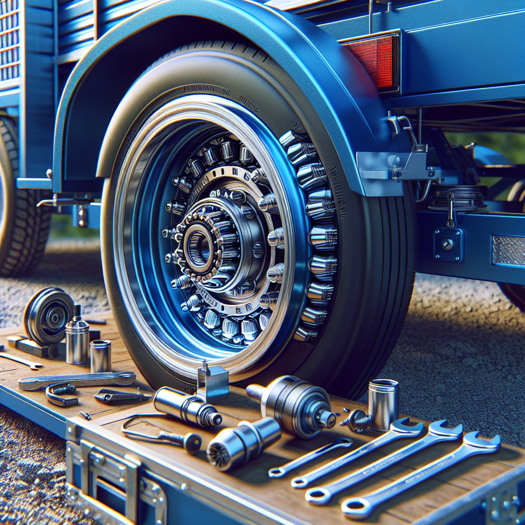 A trailer with a close-up of its wheel bearings and tools for adjustment.