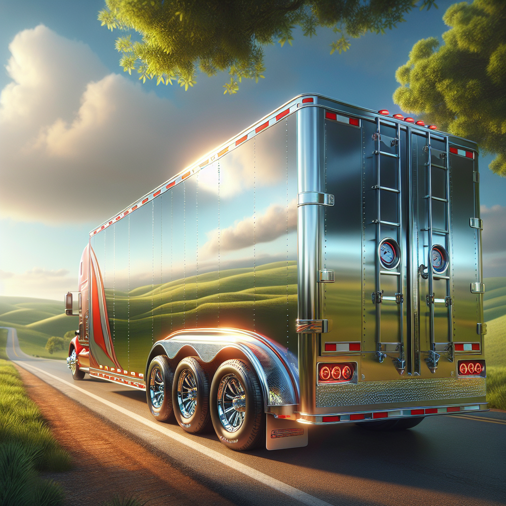 A trailer parked beside a green hill, highlighting its well-maintained tires and tire pressure monitoring systems.