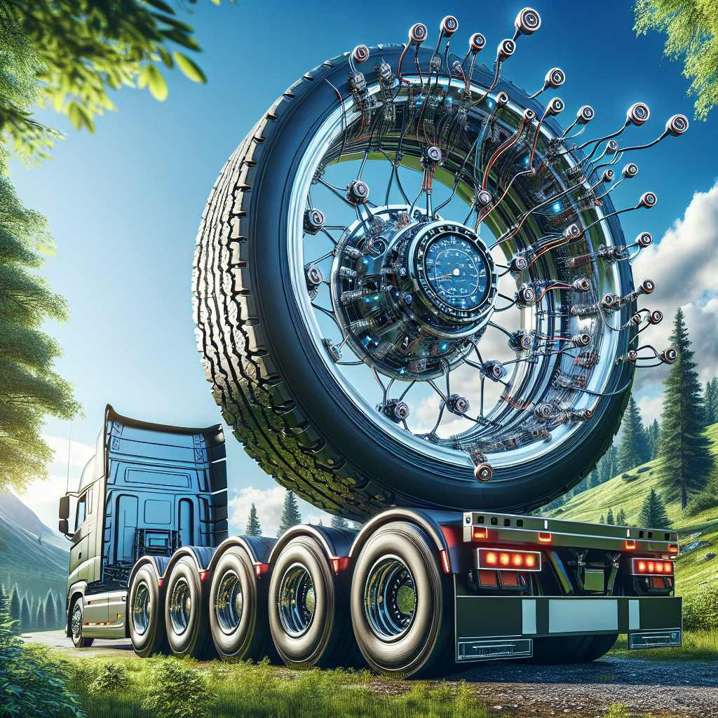 A parked trailer with visible tire pressure monitoring systems in a scenic outdoor setting.