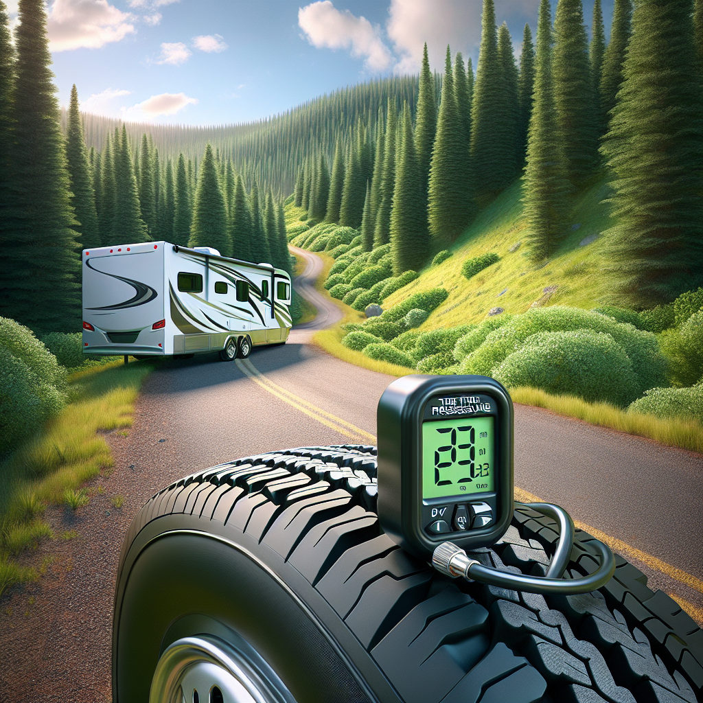 An RV trailer parked by a road with a close-up of a tire and tire pressure monitor.
