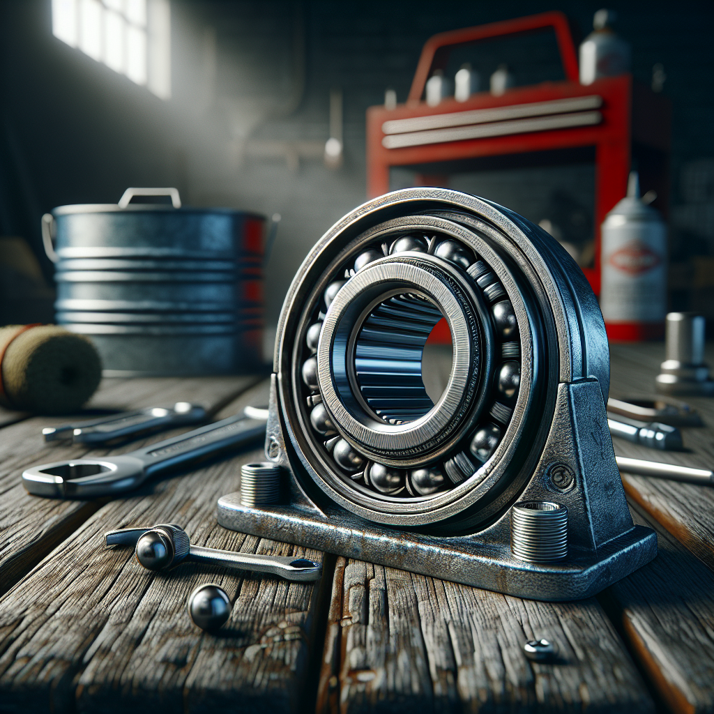 A trailer wheel bearing on a workbench with tools.