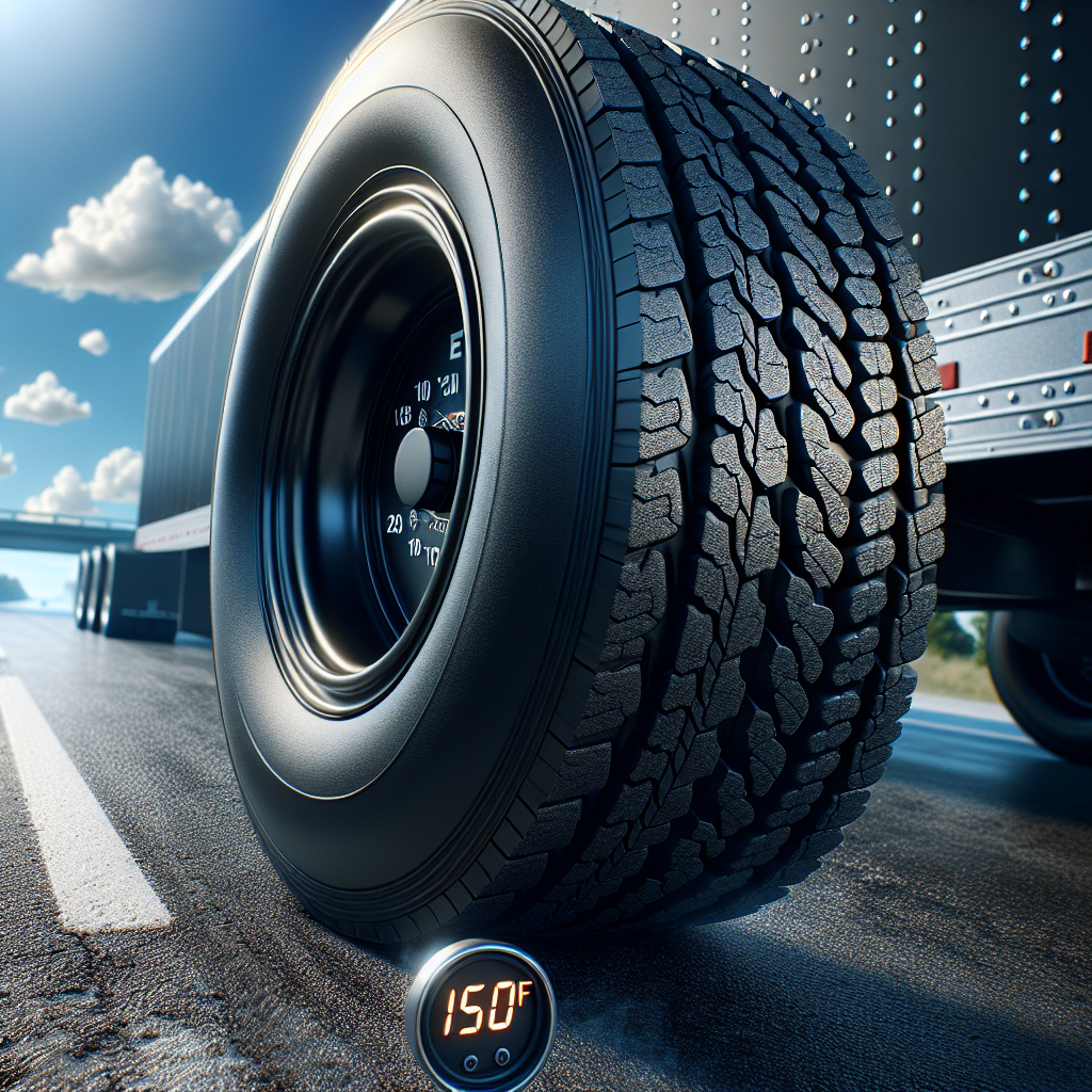 A close-up of a trailer tire on asphalt with a temperature gauge indicating 150°F.