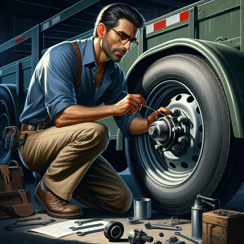 A mechanic adjusting wheel bearings on a trailer in a garage.