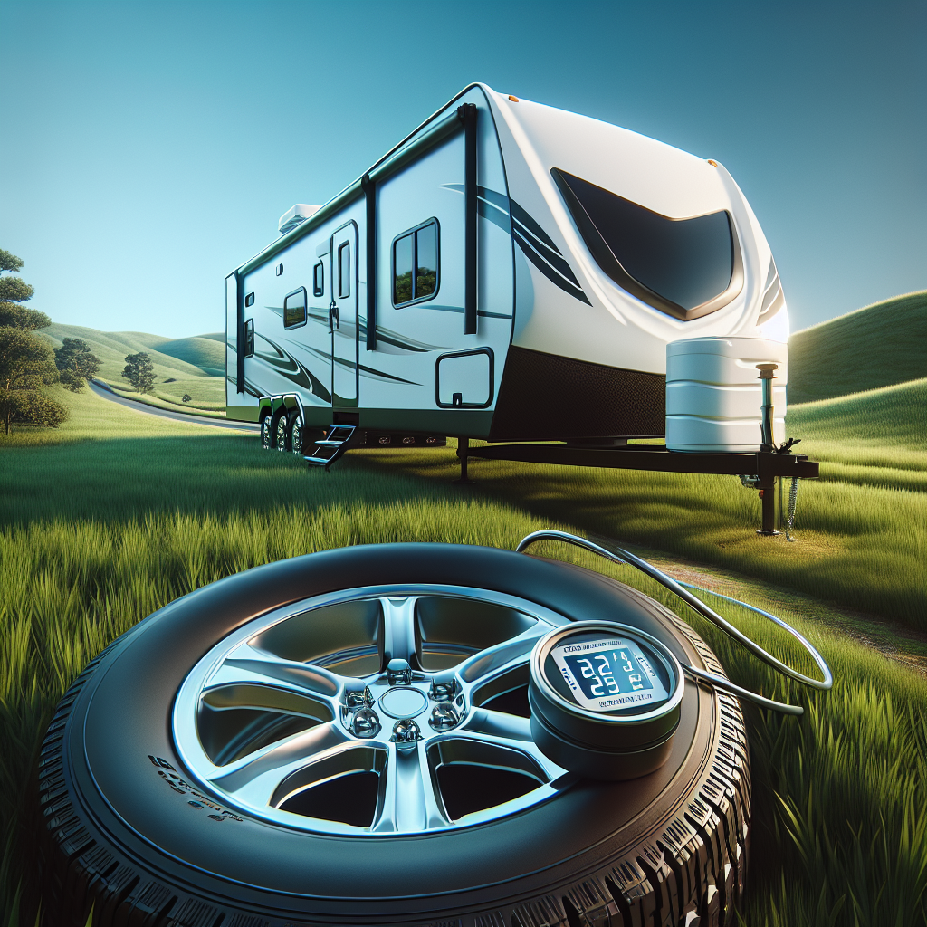 An RV trailer parked with attention to detail on its tires and a digital tire pressure monitor displayed.