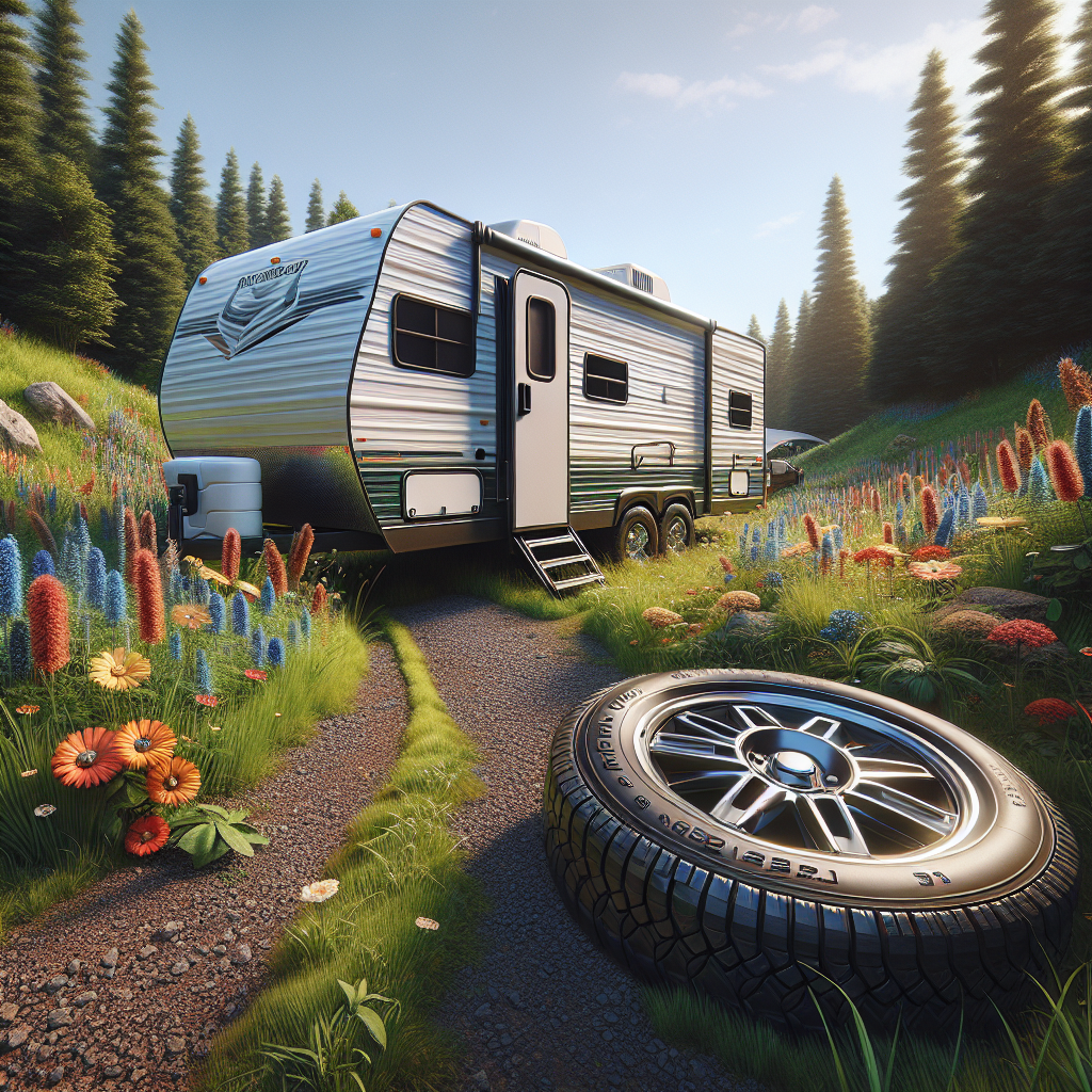 A trailer parked outdoors with a focus on its tires and monitoring system.