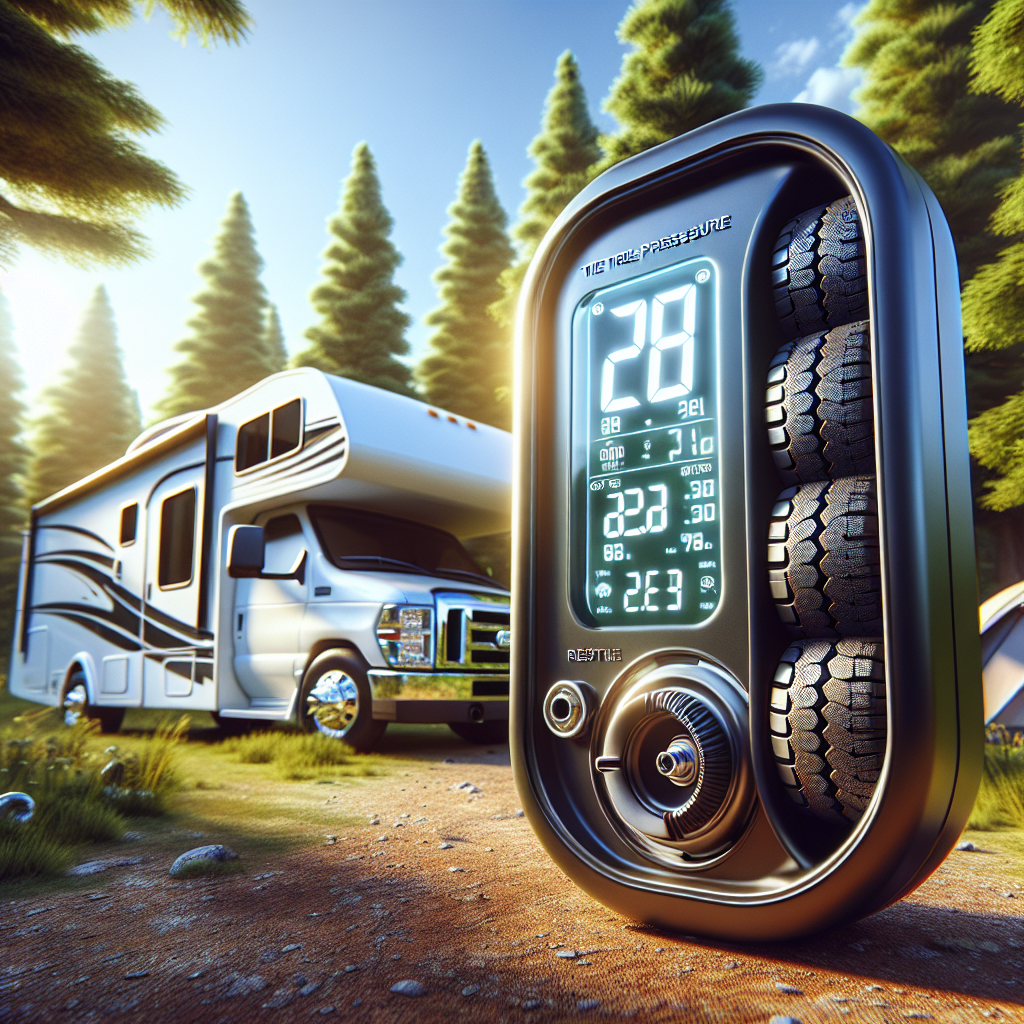 A tire pressure monitoring system for an RV trailer displayed in a scenic campsite.