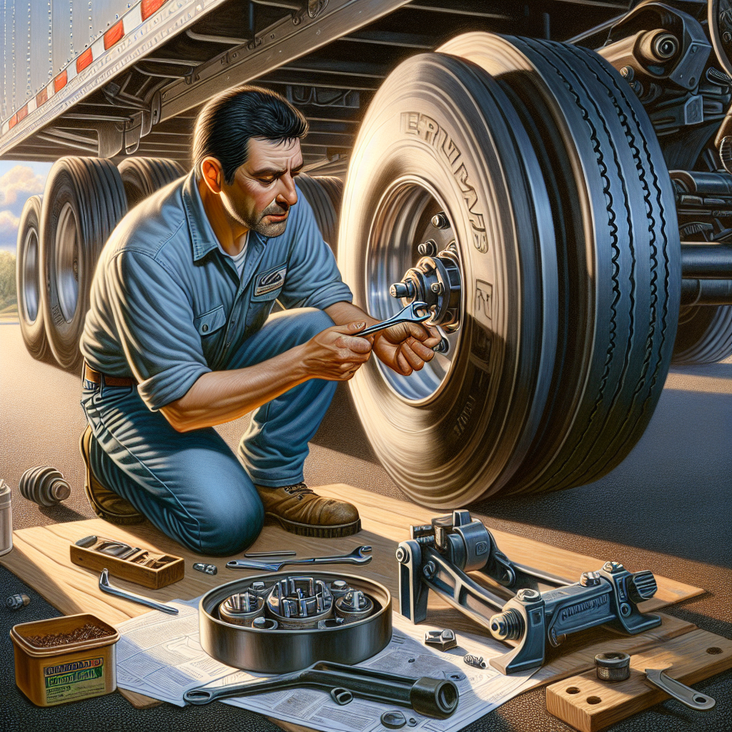 A mechanic adjusting trailer wheel bearings with a wrench.