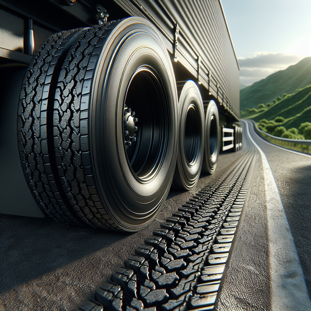 Close-up of trailer tires on a road with a scenic landscape in the background.