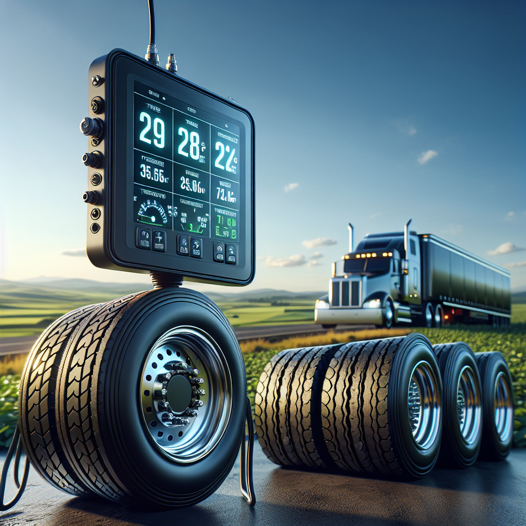 A close-up of a trailer tire pressure monitoring system with digital display, featuring well-maintained tires.