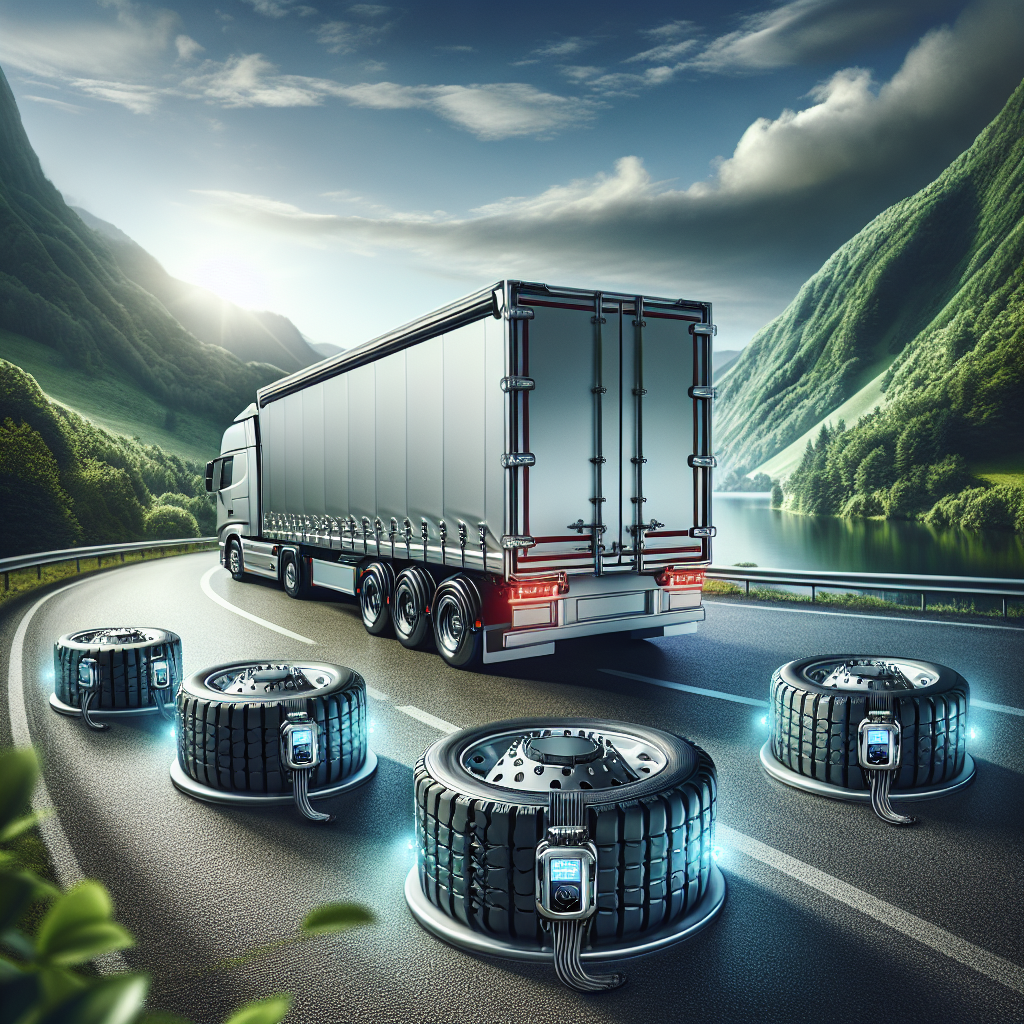 A modern trailer with tire pressure monitoring sensors on its tires, set against a highway and green hills.