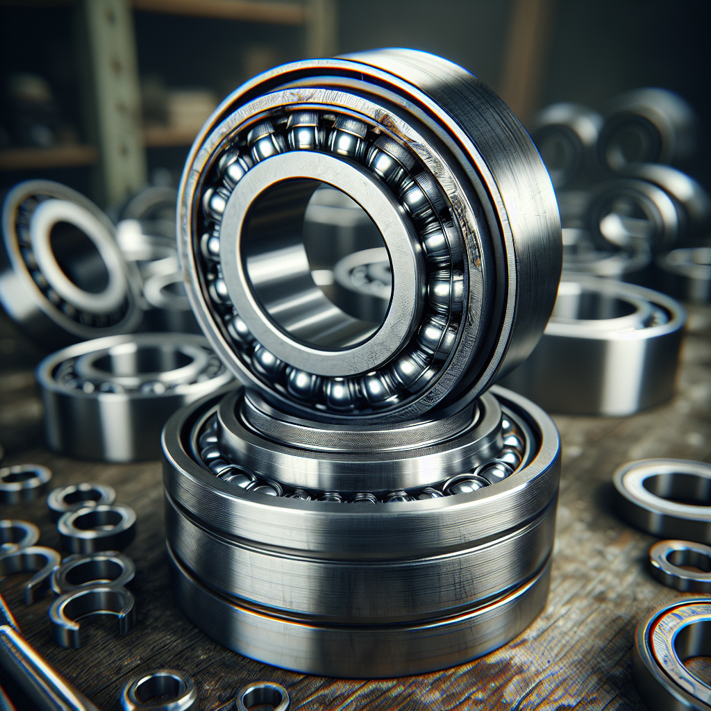 Close-up of disassembled trailer wheel bearings on a mechanic's workbench.