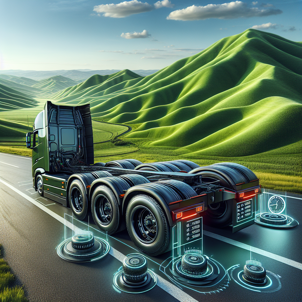 A modern trailer with visible tire pressure monitoring sensors parked on a scenic highway.