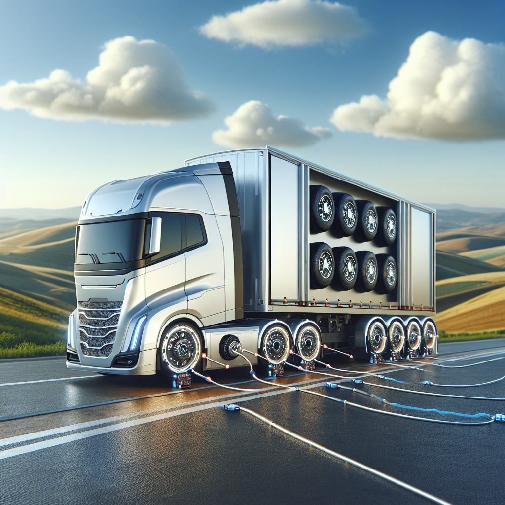 A modern trailer on a highway with visible tyre pressure monitoring sensors.