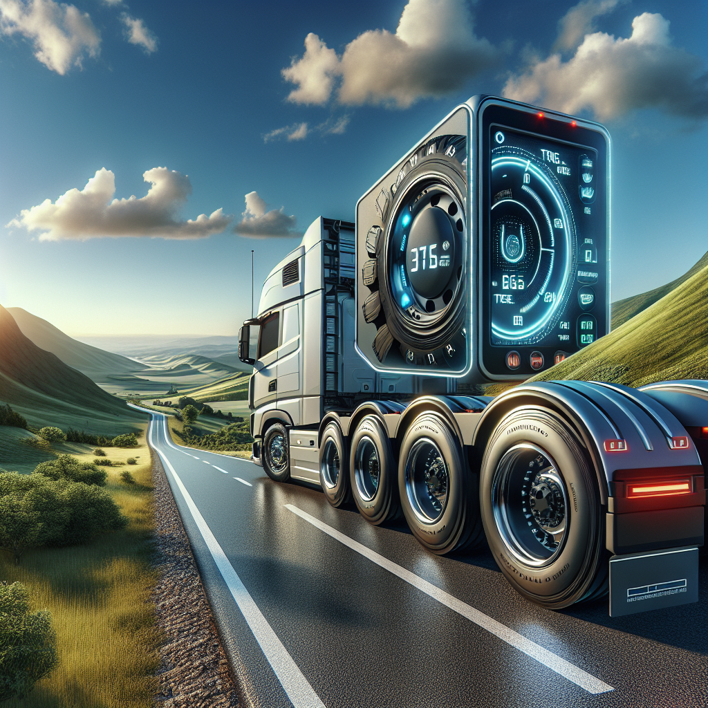 A trailer with a tire pressure monitoring system displayed inside, parked on a scenic road.
