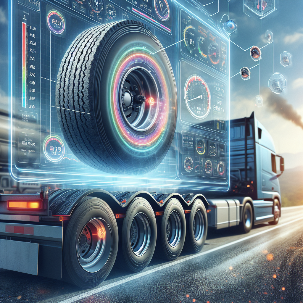 Illustration of a trailer tire pressure monitoring system with a dashboard and tire details.