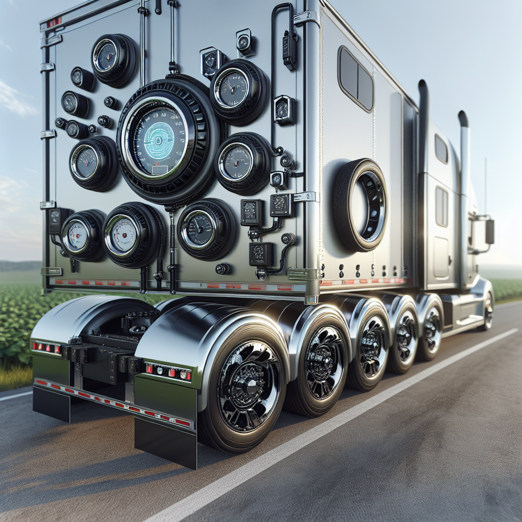 A trailer with tire pressure monitoring systems on a highway.