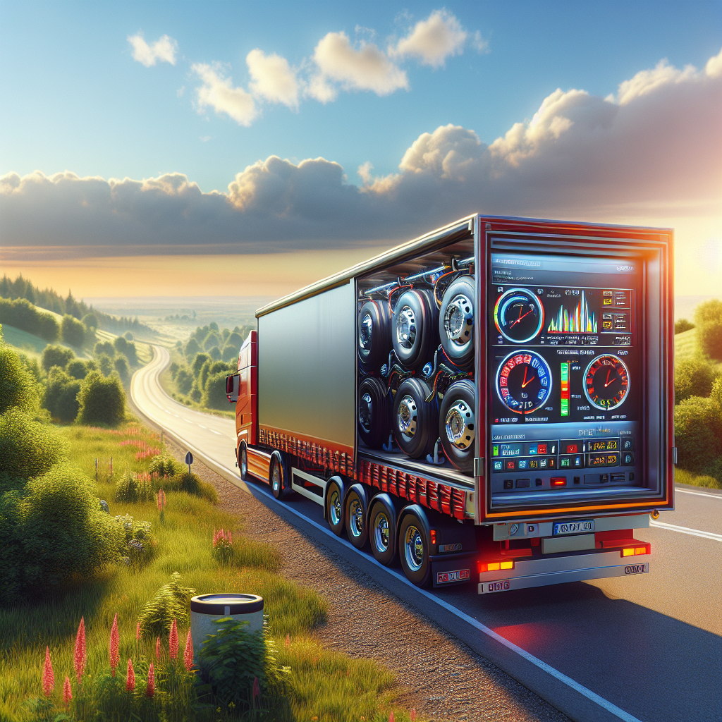 A trailer with a tyre pressure monitoring system parked on a highway surrounded by nature.