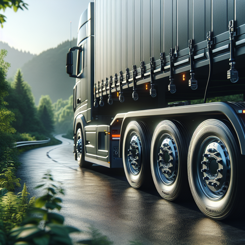 A trailer with visible tire pressure monitoring devices parked on a serene road, surrounded by greenery.