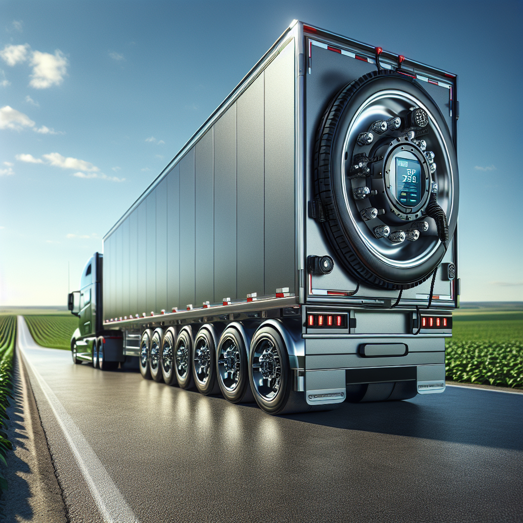A trailer with a tire pressure monitoring system parked on a road with green fields in the background.
