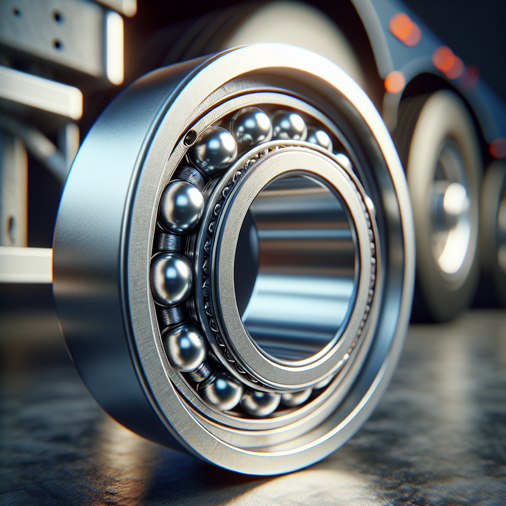 Close-up of trailer wheel bearings with a blurred background of a trailer wheel.