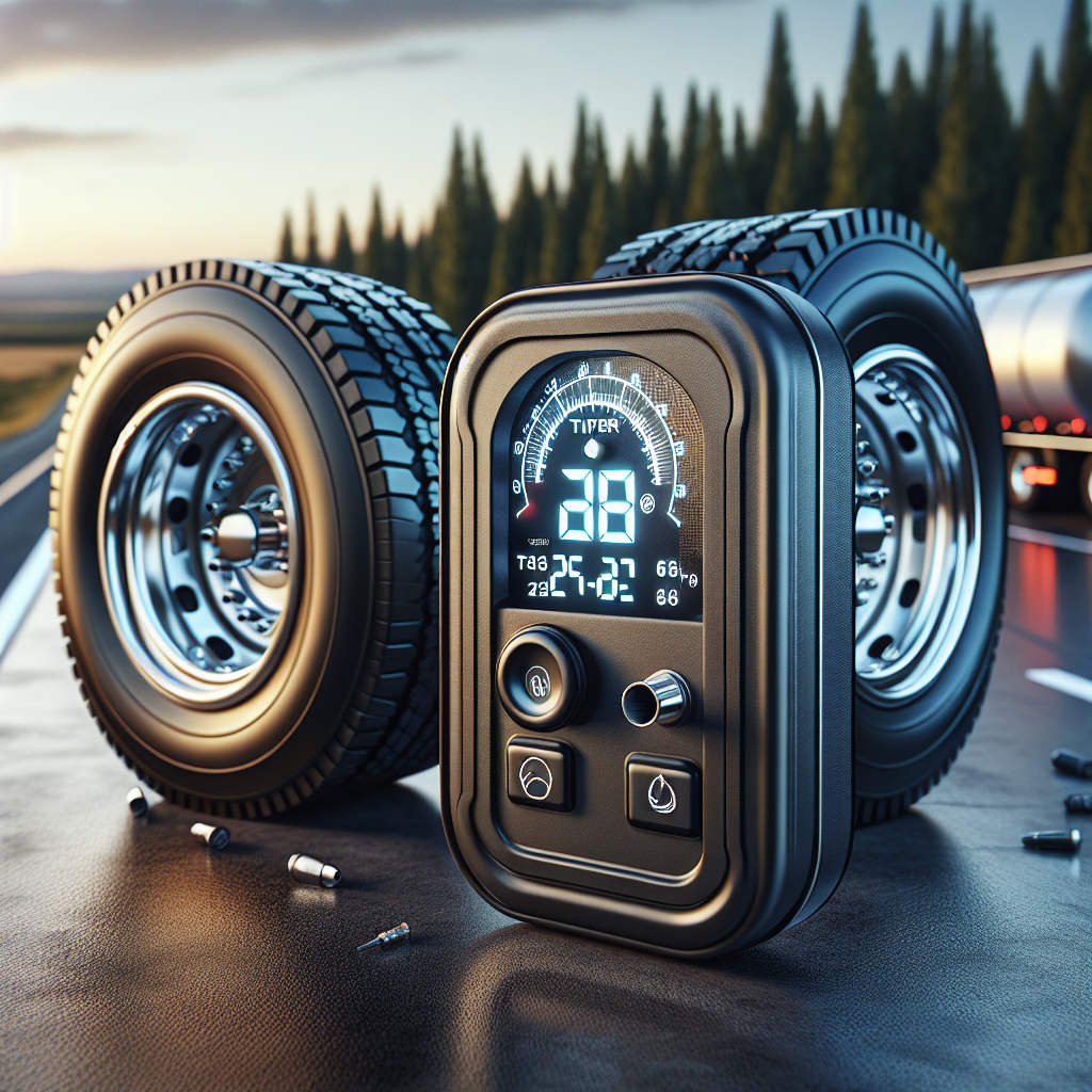 A trailer tire pressure monitoring system with a digital gauge and two tires.