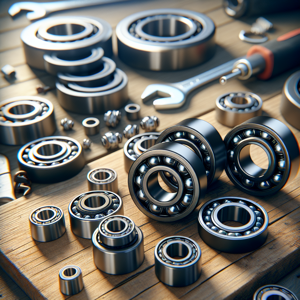 An assortment of wheel bearings on a wooden workbench with tools.