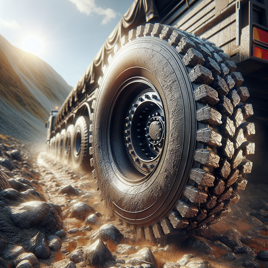 A close-up of a hot trailer tire on rough terrain.