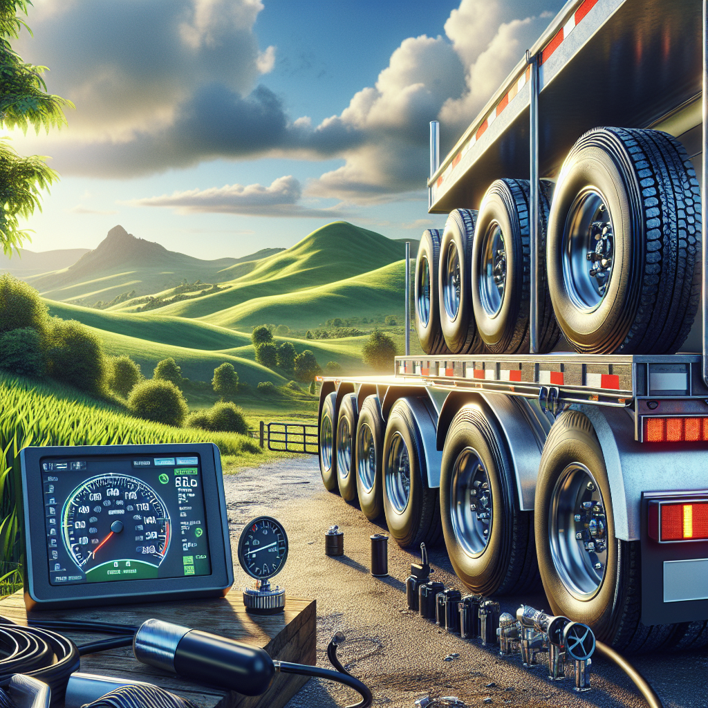 A trailer parked on a roadside with its tires and a tire pressure monitoring system visible, surrounded by a scenic landscape.