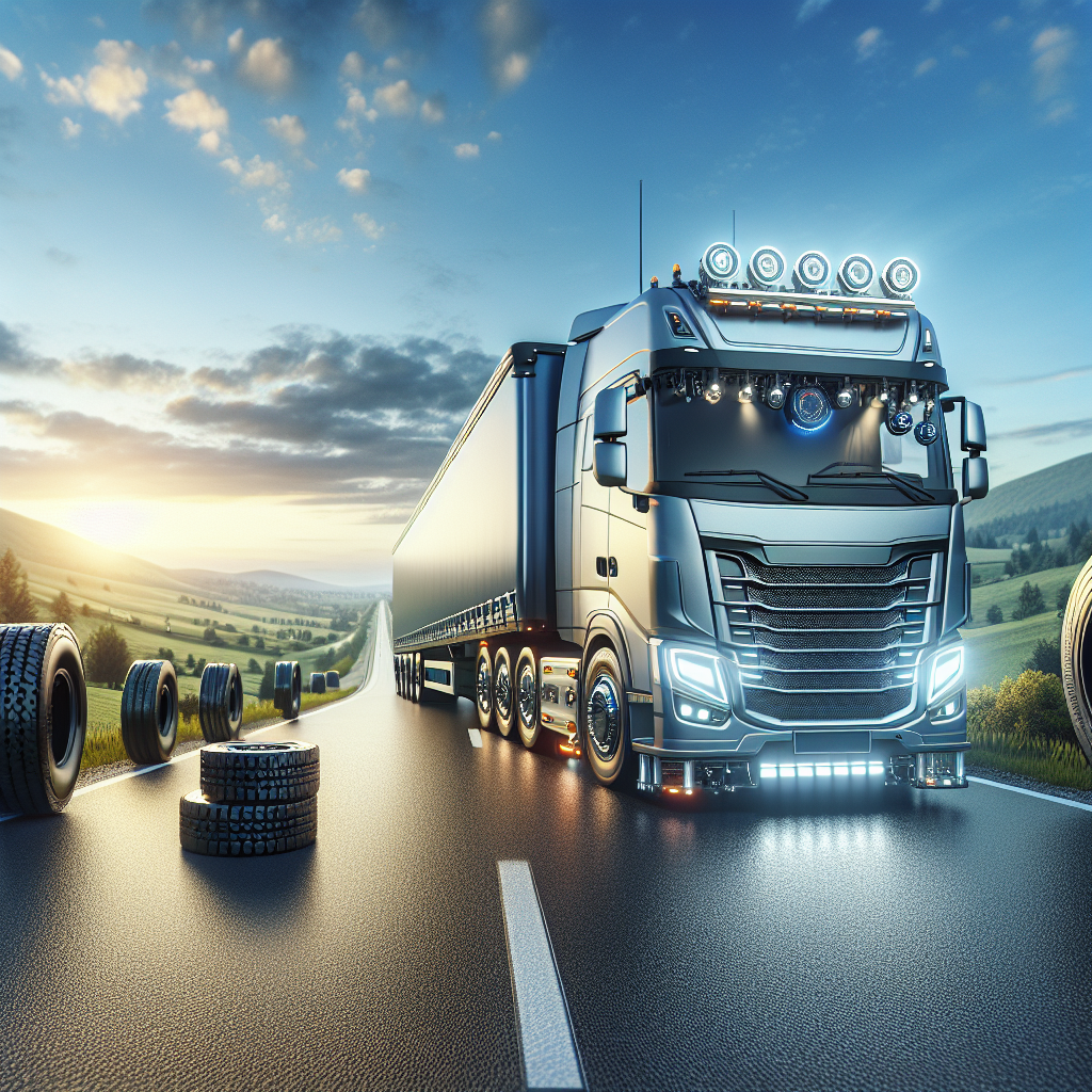 A truck and trailer with visible tire pressure monitoring system sensors on the tires, set against a scenic road landscape.