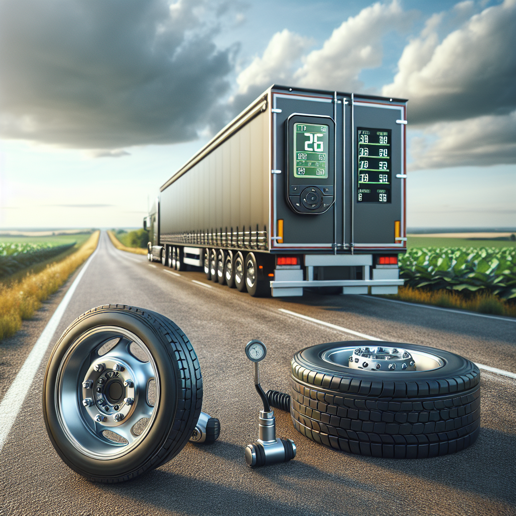 A modern trailer fitted with a tire pressure monitoring system, set against a scenic landscape.