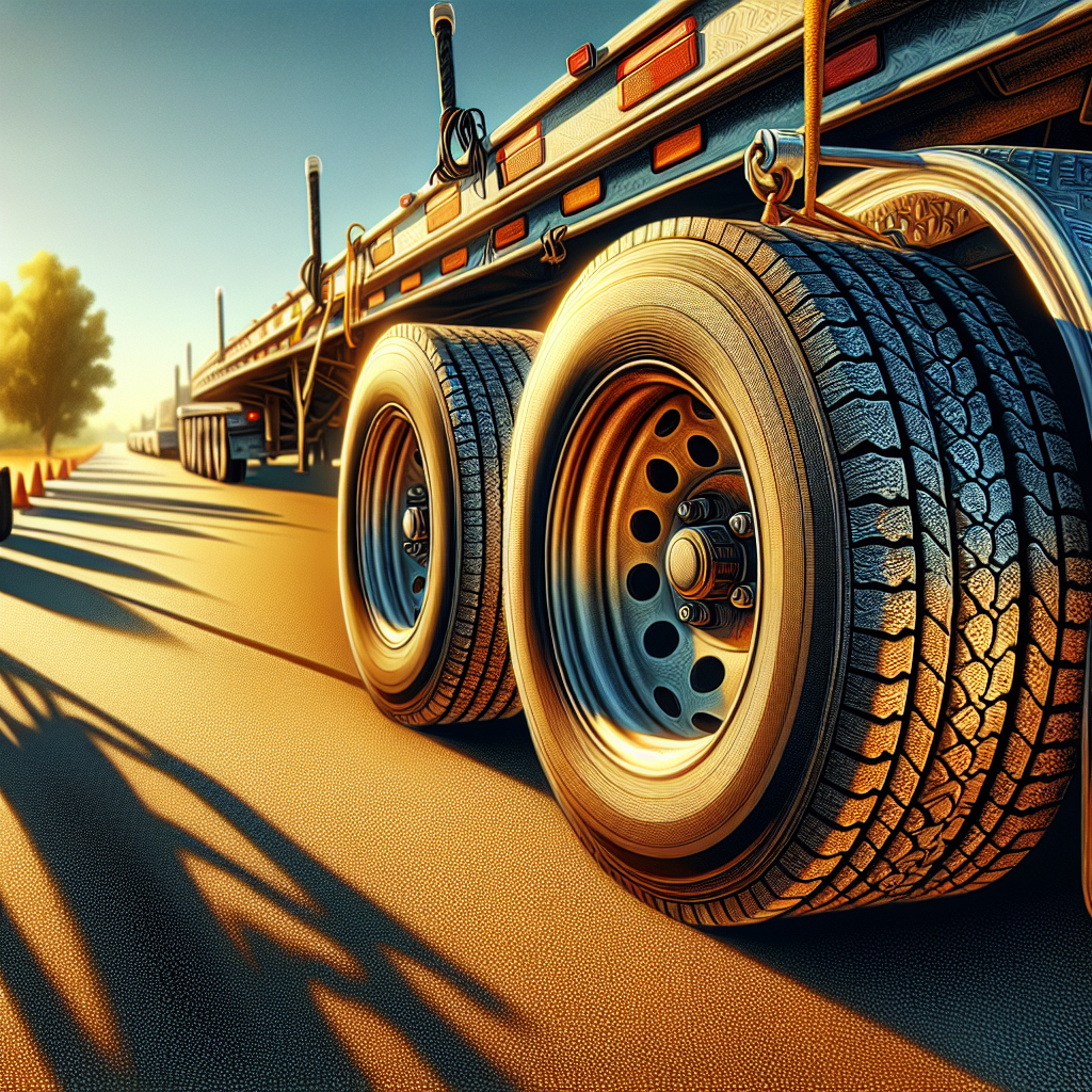 A close-up of a hot trailer tire with a smooth road and sunny landscape in the background.