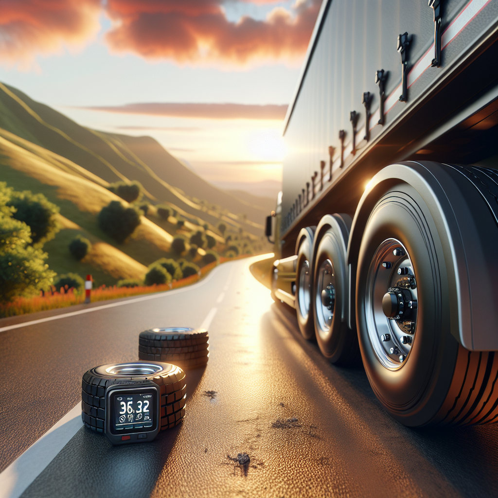 A close-up of a trailer tire showcasing a high-tech tire pressure monitoring system.