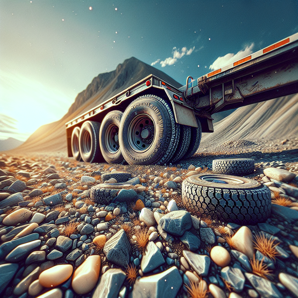 Close-up of trailer tires on a gravel road.