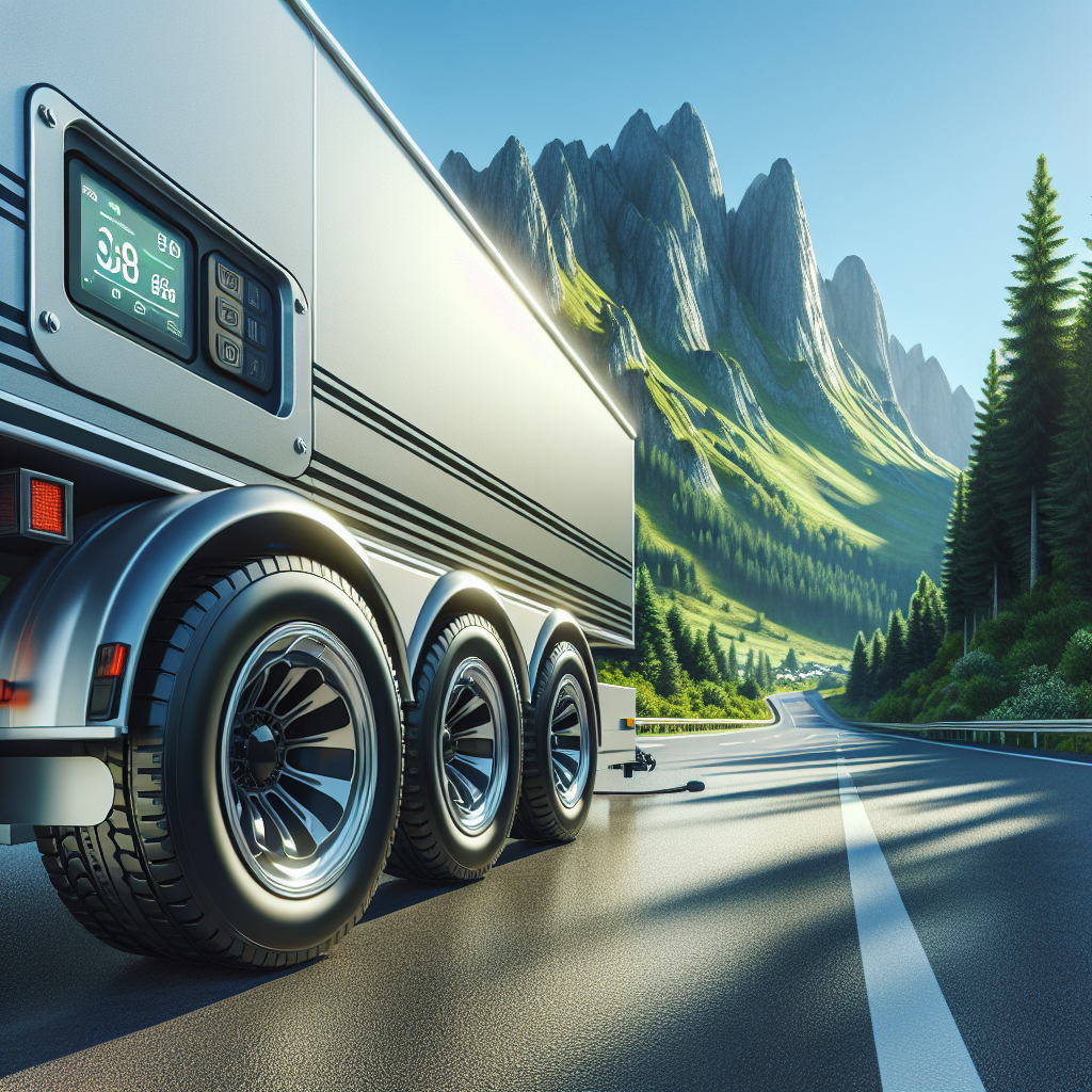 A trailer parked on a scenic highway with a focus on tire pressure safety.