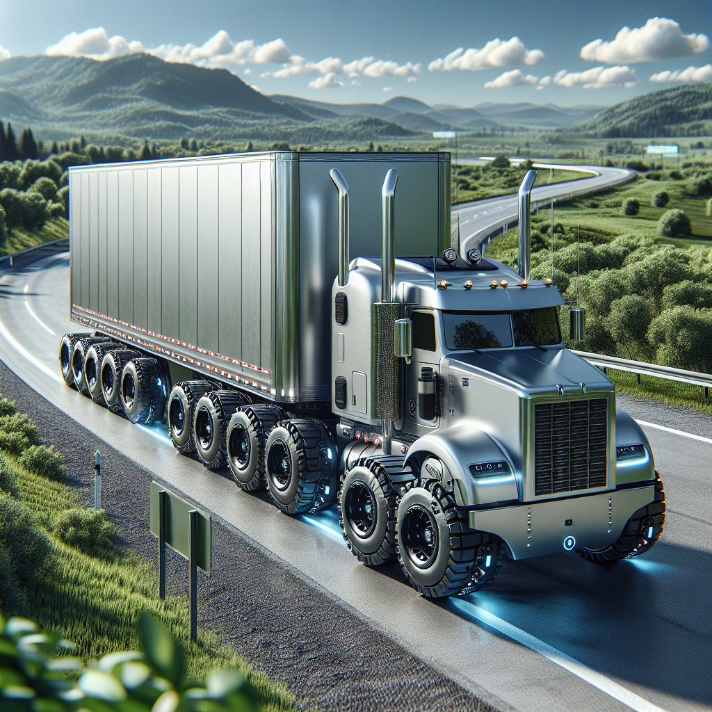 A trailer with a tire monitoring system on a highway surrounded by a green landscape.